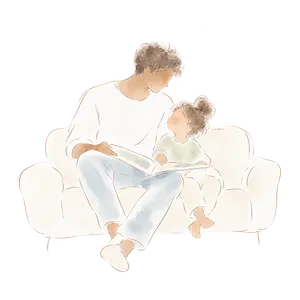 A parent and child sharing a book on a sofa.