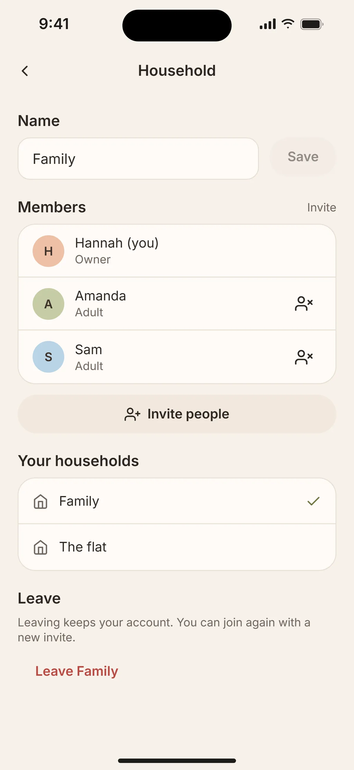 Tandem’s household settings: the Family household with Hannah, Amanda and Sam, and a choice between Family and The flat.