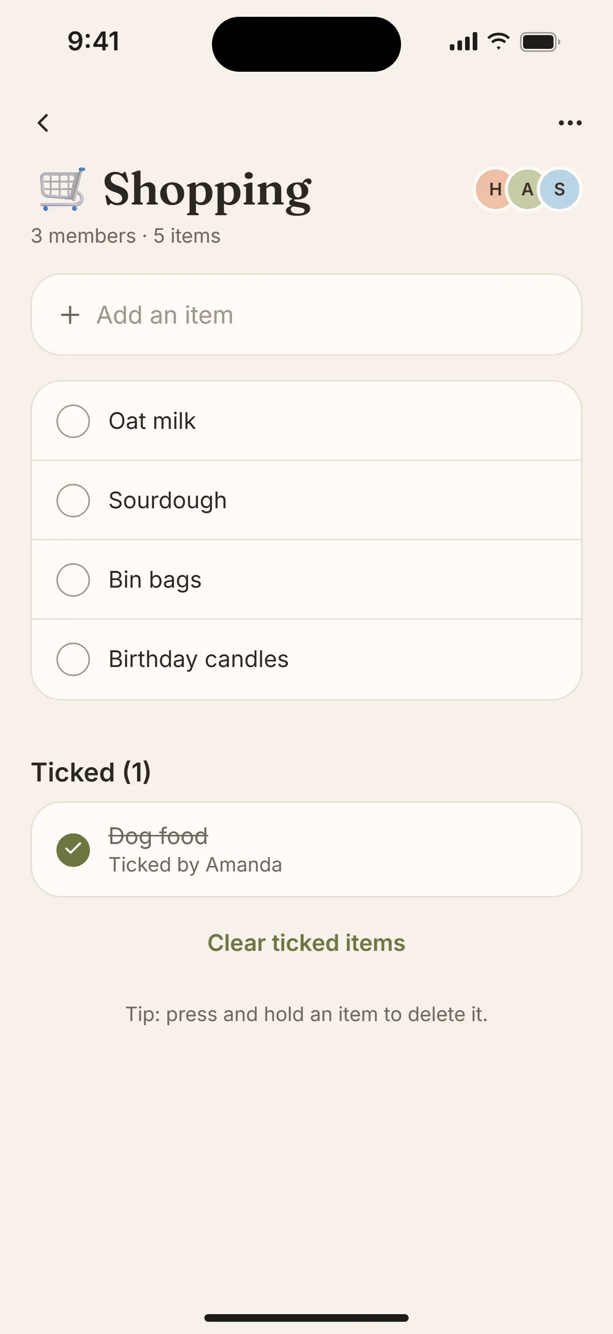 Tandem’s shared Shopping list: oat milk, sourdough, bin bags and birthday candles still to get, and dog food ticked off by Amanda.