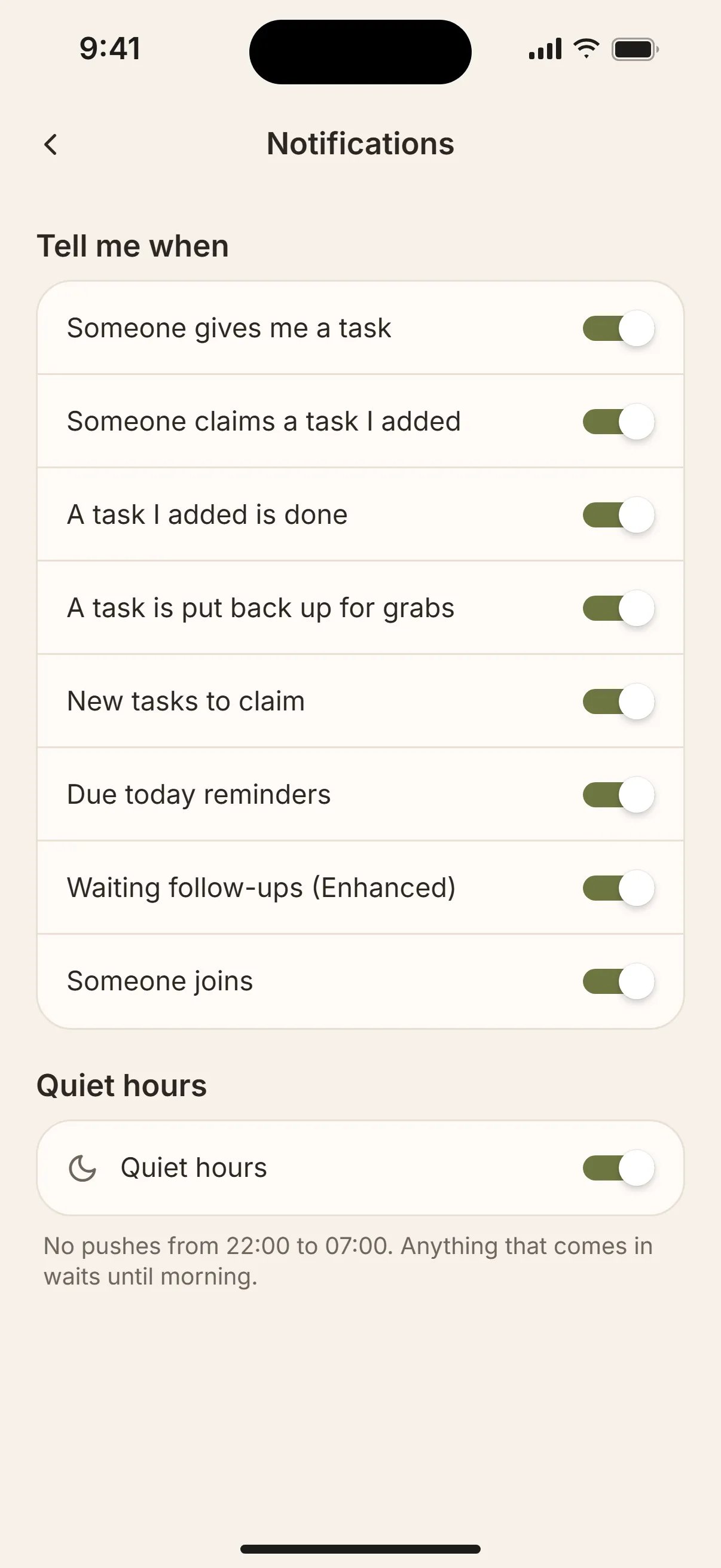 Tandem’s notification settings: choose what you hear about, with quiet hours on from 22:00 to 07:00.