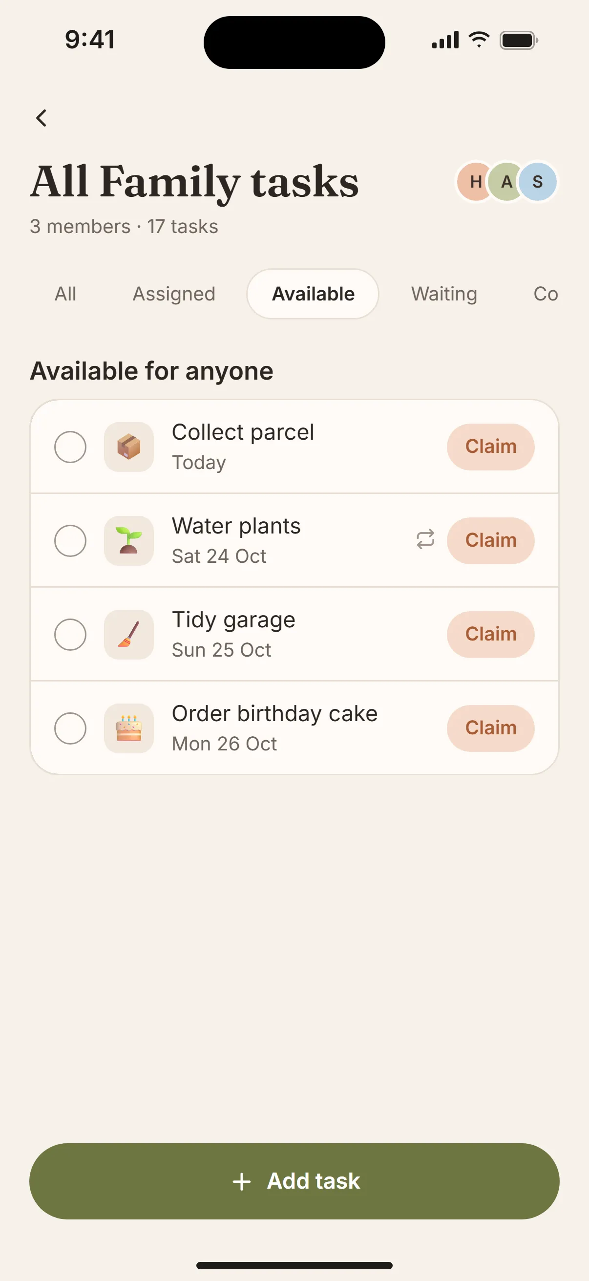 Tandem’s Available tasks: Collect parcel, Water plants, Tidy garage and Order birthday cake, each with a Claim button.
